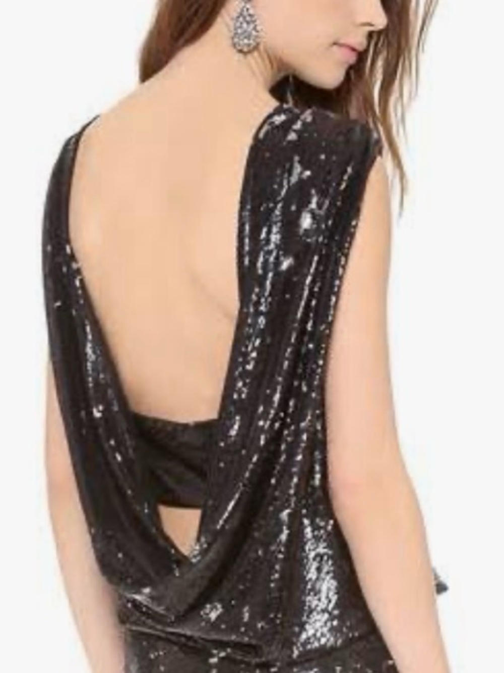 Rachel Zoe Black Sequin Draped Back Party Top
